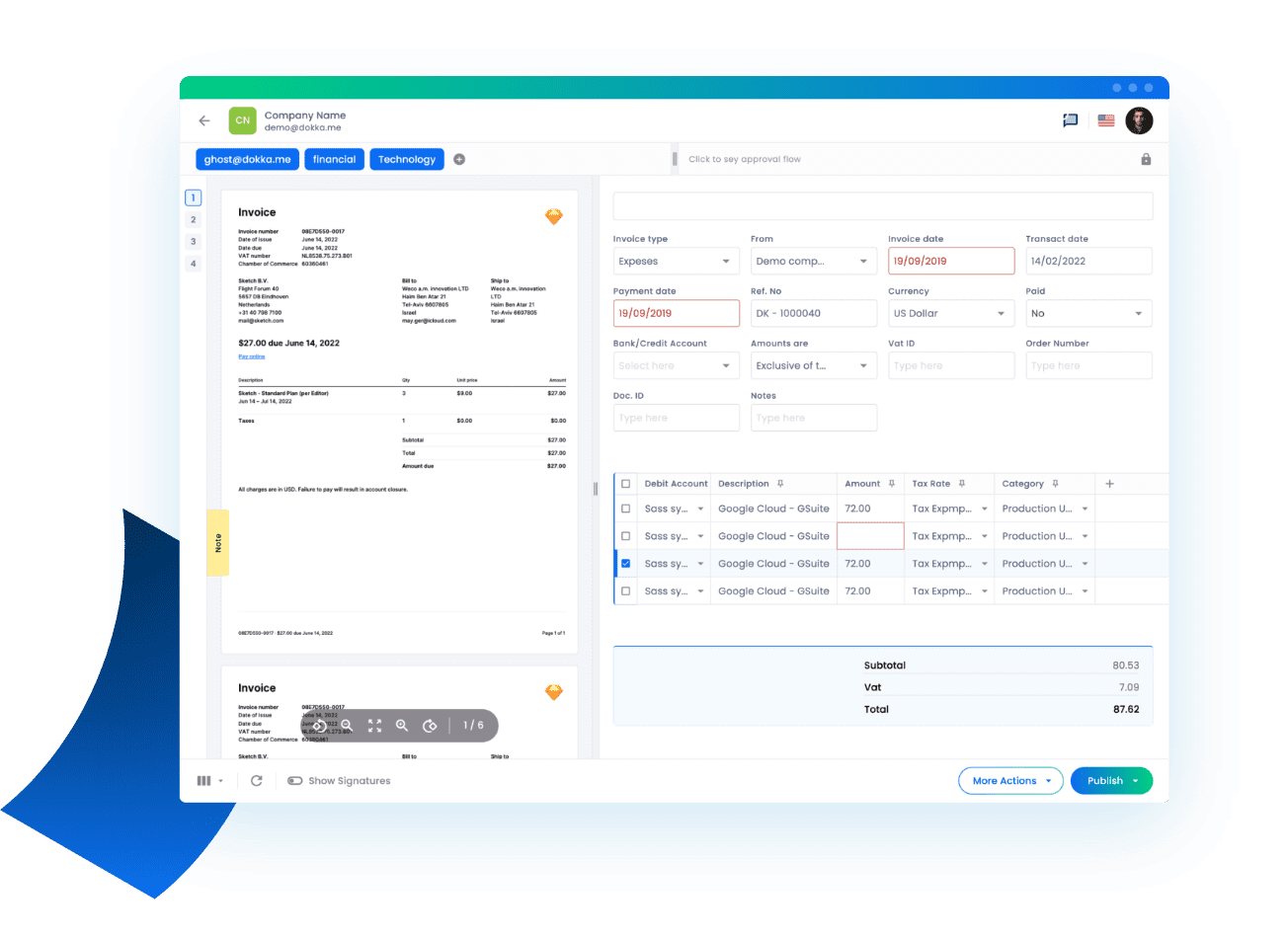 Automated invoice processing in DOKKA - split screen view