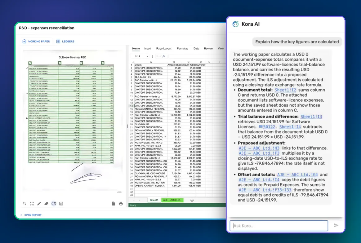 Kora AI chat explaining how key figures in a reconciliation workpaper are calculated