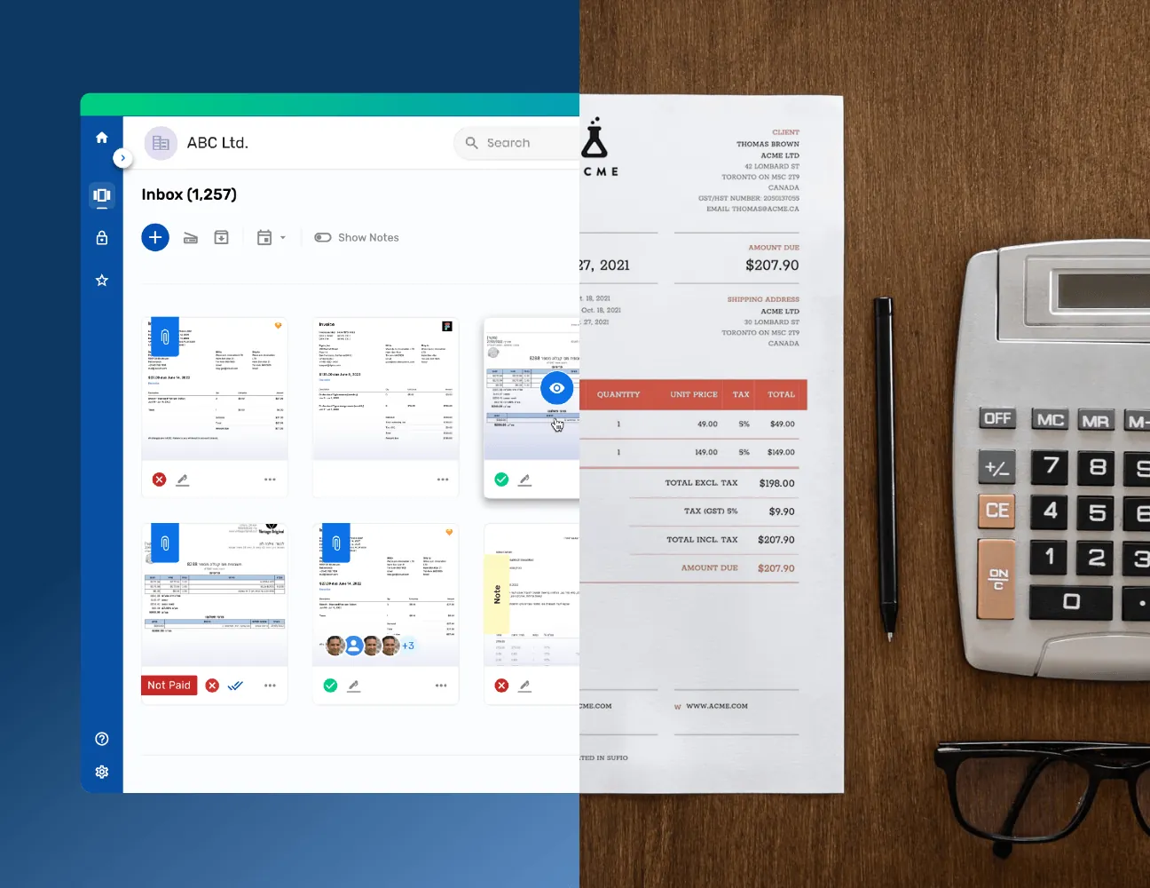 DOKKA AP workspace showing invoice previews next to a physical desk